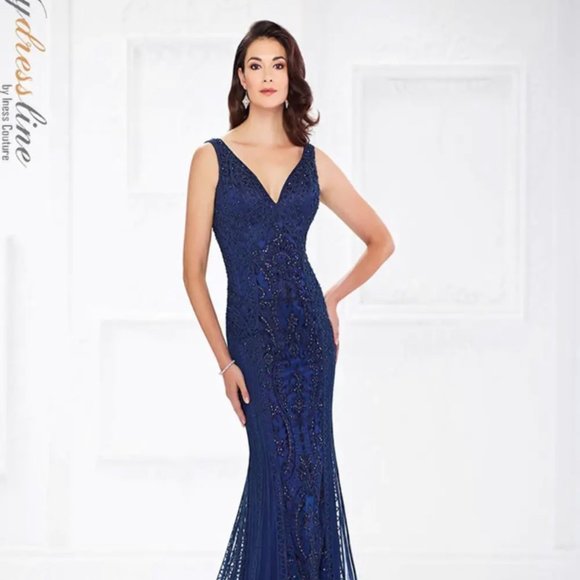 Mon Cheri Montage 118975 Evening Dress Gown Formal Navy Long Size 4 MSRP $650 - Picture 1 of 2